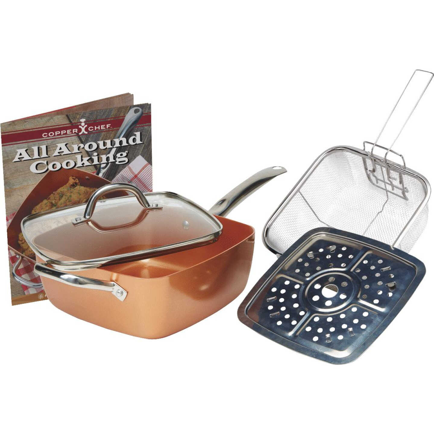Copper Chef 9.5 Square Pan with Lid,Fry Basket, Steam Rack & Recipes 